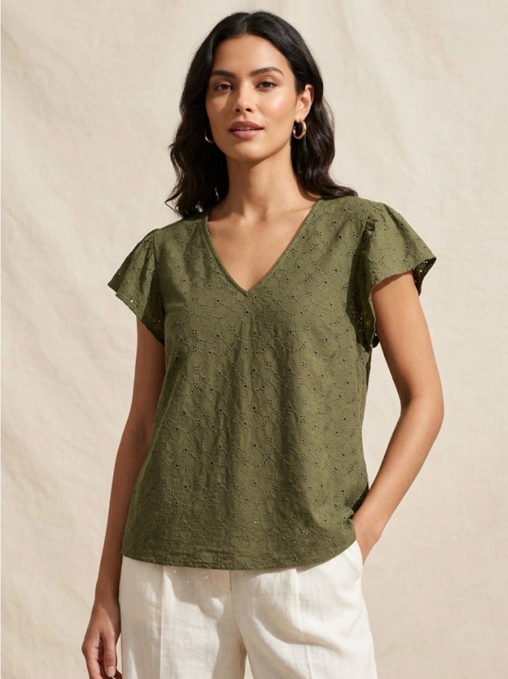 Michael Kors Olive Eyelet V-Neck Flutter Sleeve Blouse - Sz X-Large